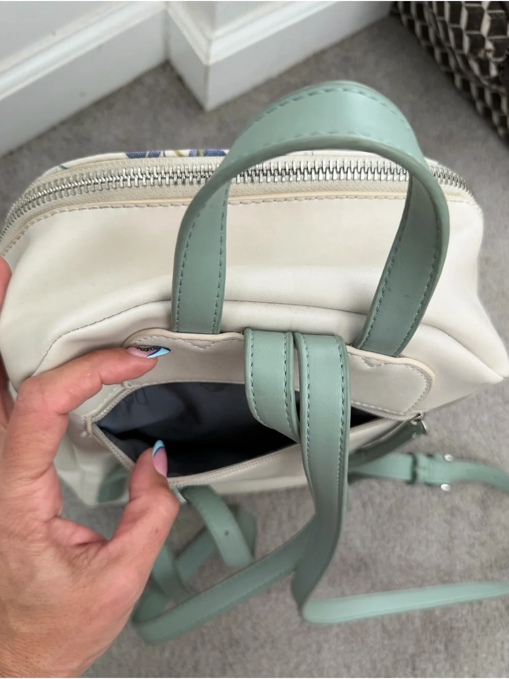 Floral Quilted Mini Backpack - Sage Green & Cream